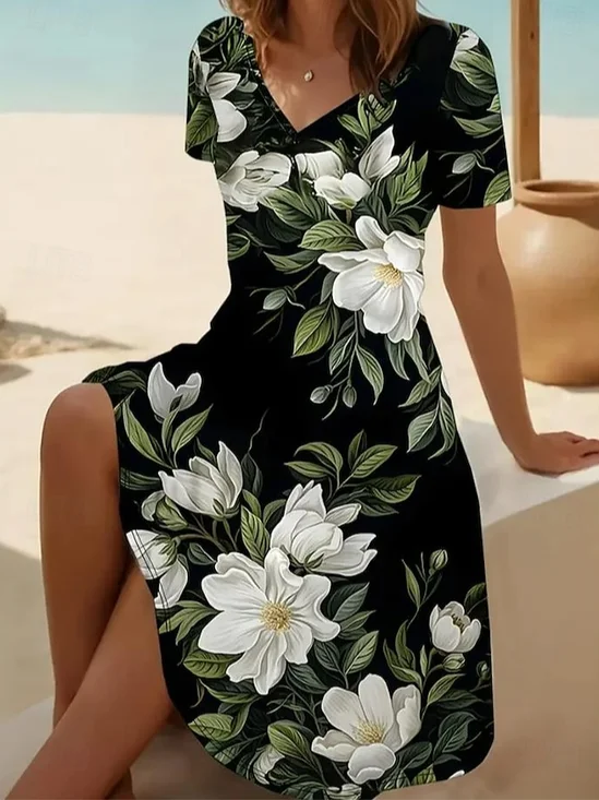 Femmes Floral Noir Col V Confortable Imprimé Robe Mi-Longue Décontracté