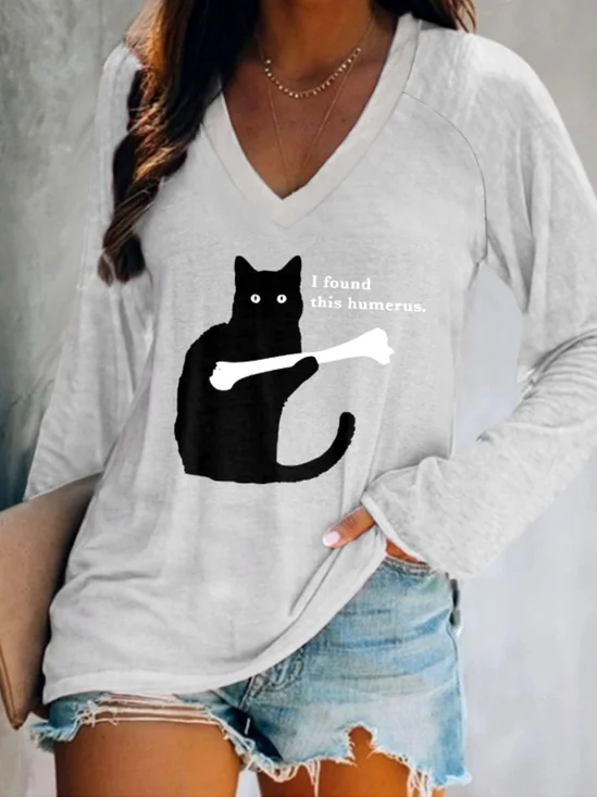T-shirts Rue Imprimé d'Animal Printemps / Automne Coton Col V Quotidien Coupe Régulière Manches Longues Régulier pour Femmes