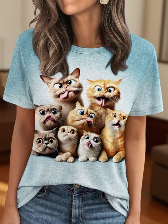 T-shirts Décontracté Chat Été Micro-élasticité Coupe Régulière Manches Courtes Col Rond Régulier Régulier pour Femmes