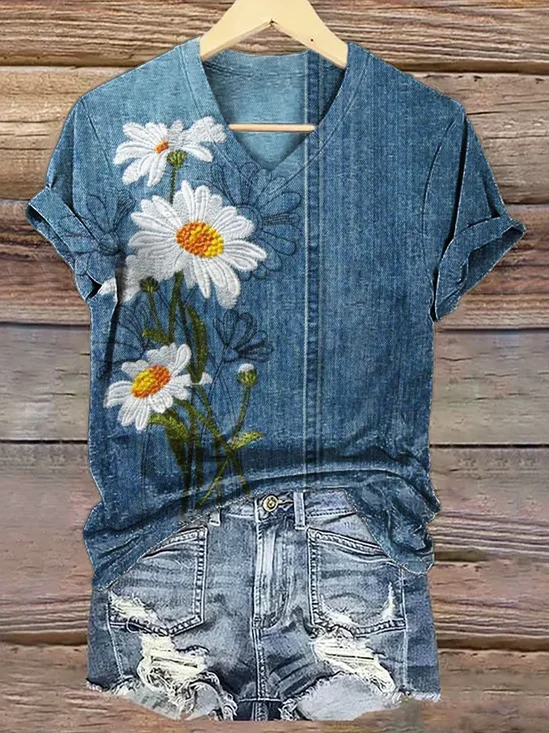 T-shirts Décontracté Floral Été Col V Micro-élasticité Quotidien Coupe Régulière Manches Courtes Régulier pour Femmes