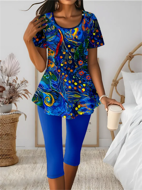 Deux Pièces Ensembles Simple Floral Été Polyester Micro-élasticité Quotidien Manches Courtes Col Rond Régulier pour Femmes