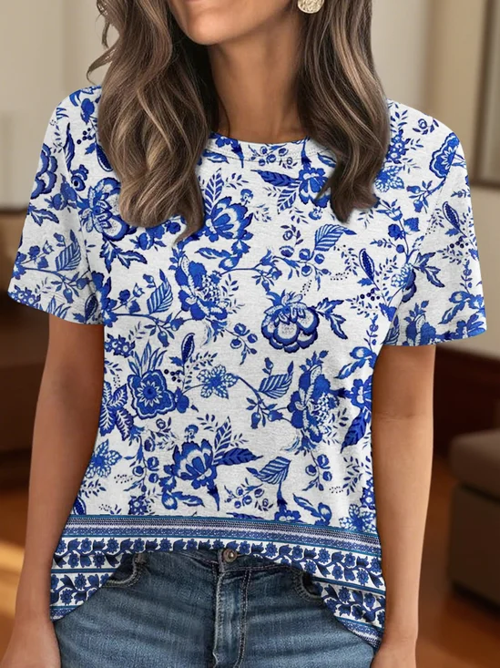 T-shirts Rétro Ethnique Été Micro-élasticité Quotidien Coupe Régulière Col Rond Trapèze Régulier pour Femmes