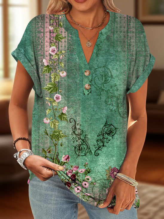 T-shirts Femmes Décontracté Floral Été Polyester Col V Micro-élasticité Coupe Régulière Régulier Trapèze
