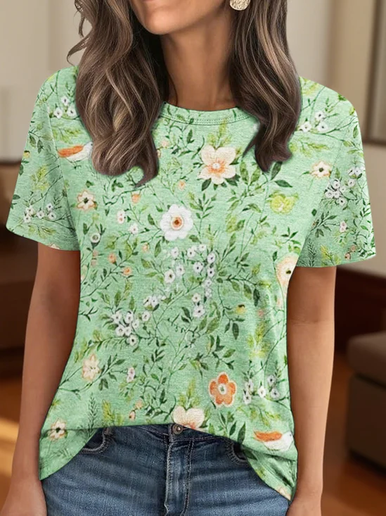 T-shirts Femmes Décontracté Floral Été Polyester Micro-élasticité Coupe Régulière Col Rond Régulier Trapèze