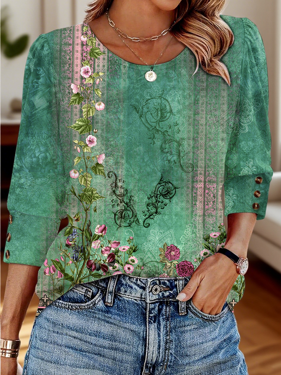 T-shirts Femmes Décontracté Floral Printemps / Automne Coton Micro-élasticité Quotidien Manches trois quarts Régulier Régulier