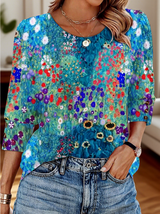 T-shirts Décontracté Floral Printemps / Automne Coton Quotidien Manches trois quarts Col Rond Trapèze Régulier pour Femmes