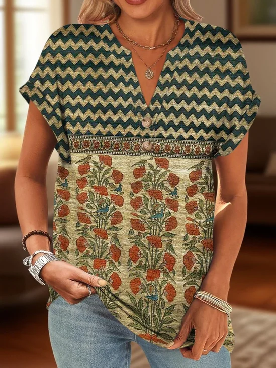 T-shirts Décontracté Floral Été Col V Micro-élasticité Coupe Régulière Manches Courtes Régulier Régulier pour Femmes