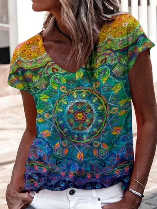 T-shirts Femmes Décontracté Floral Été Polyester Micro-élasticité Coupe Régulière Régulier Droit Régulier