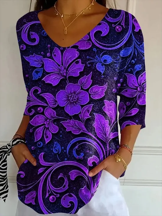 T-shirts Femmes Décontracté Floral Printemps / Automne Polyester Col V Imprimé Quotidien Manches trois quarts Ligne T