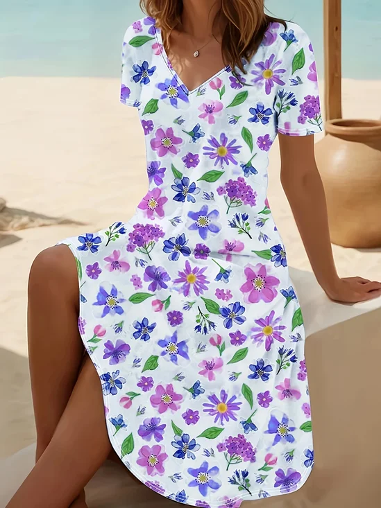 Femmes Floral Blanc Col V Confortable Imprimé Robe Mi-Longue Décontracté