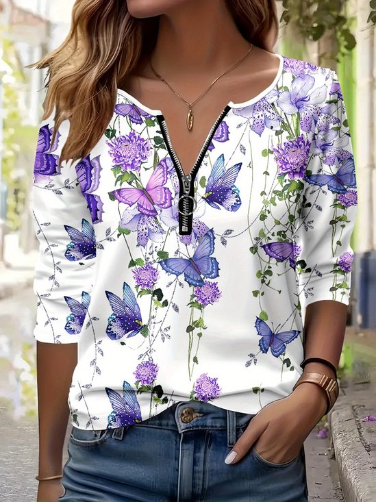 T-shirts Rétro Papillon Printemps / Automne Col V Quotidien Manches Longues en Mélangé de Coton Régulier Régulier pour Femmes