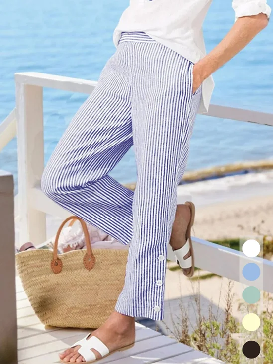 Pantalons Rayé Simple Printemps / Automne Sergé Naturel Micro-élasticité Quotidien Pantalons à Jambe Large Droit pour Femmes