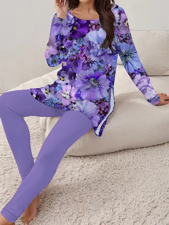 Deux Pièces Ensembles Décontracté Floral Printemps / Automne Imprimé Quotidien Jersey Manches Longues Col Rond Régulier pour Femmes