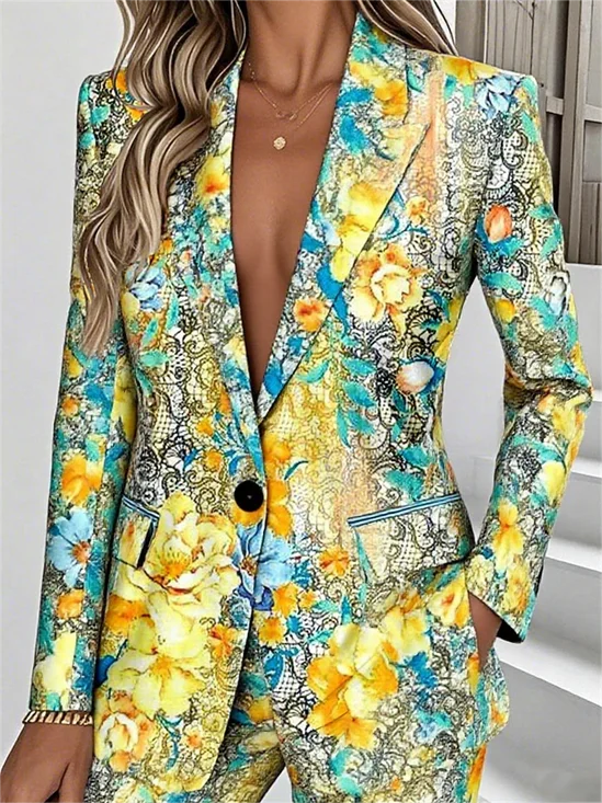 à Col Revers Manches Longues Régulier Floral Blazer pour Femmes