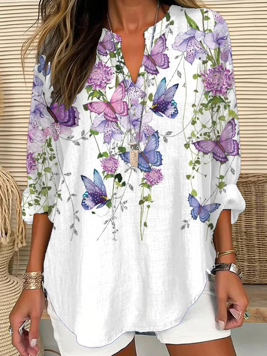 Blouses Femmes Décontracté Floral Printemps / Automne Imprimé Quotidien en Mélangé de Coton Régulier Trapèze Régulier