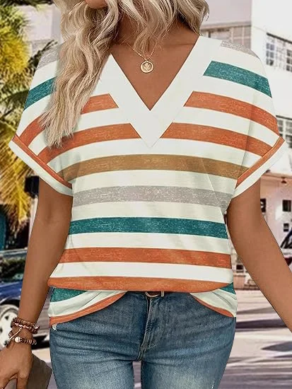 T-shirts Rayé Rétro Été Coton Manches Courtes Col Rond Régulier Trapèze Régulier pour Femmes