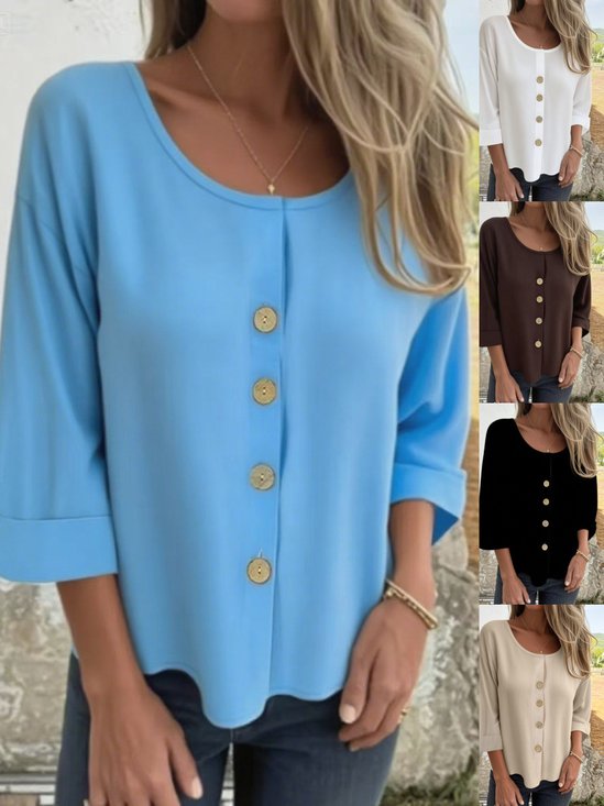 Chemises Semi-formel Plain Printemps / Automne Boucle Micro-élasticité Faire la navette Col Rond Droit Régulier pour Femmes