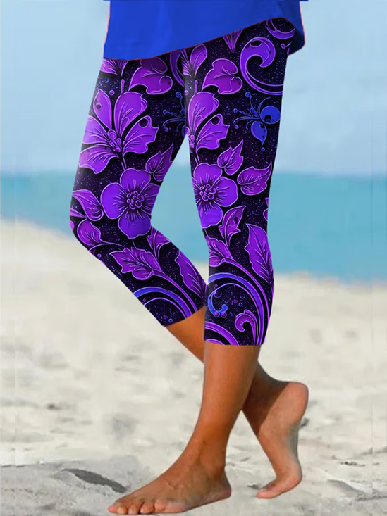 Pantalons Femmes Décontracté Floral Été Imprimé Rayonne Coupe Régulière Taille Élastique Legging Droit