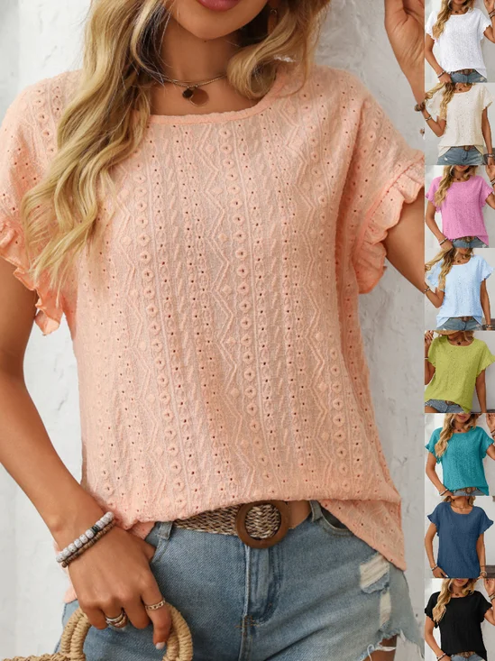 T-shirts Plain Rue Été Joint Fendu Micro-élasticité Faire la navette Col Rond Droit Régulier pour Femmes
