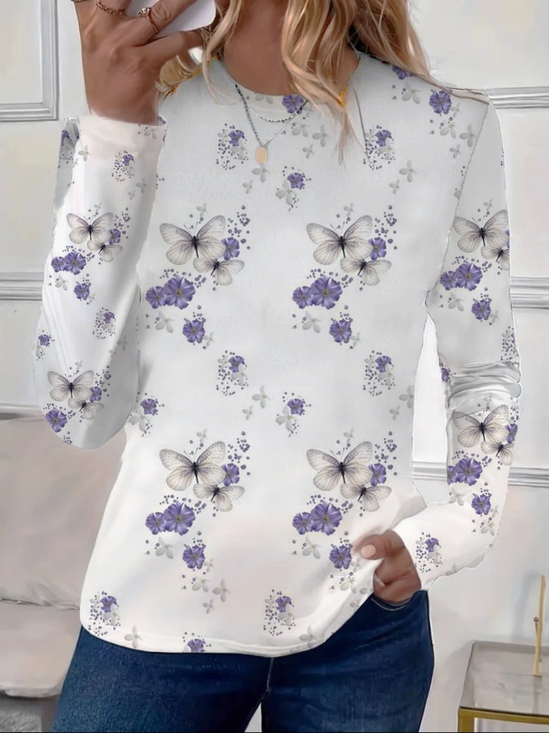 T-shirts Décontracté Floral Printemps / Automne Imprimé Ample Jersey Manches Longues Col Rond Droit pour Femmes