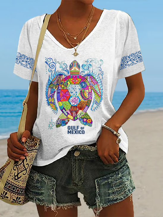 T-shirts Géométrique Décontracté Été Micro-élasticité Quotidien Ample en Mélangé de Coton Régulier Régulier pour Femmes