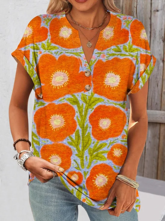 T-shirts Décontracté Floral Été Polyester Col V Micro-élasticité Coupe Régulière Régulier Trapèze pour Femmes