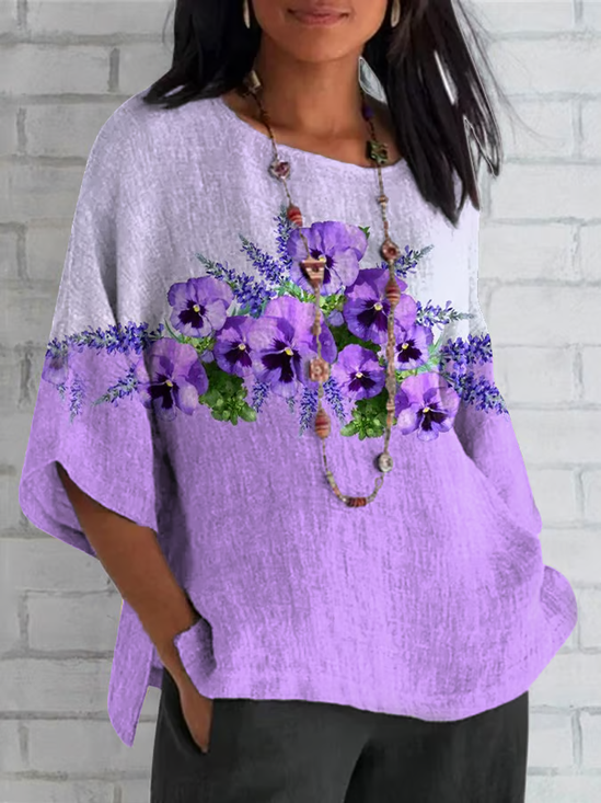 T-shirts Décontracté Floral Été Polyester Domestique Ample Demi Manche Régulier Régulier pour Femmes