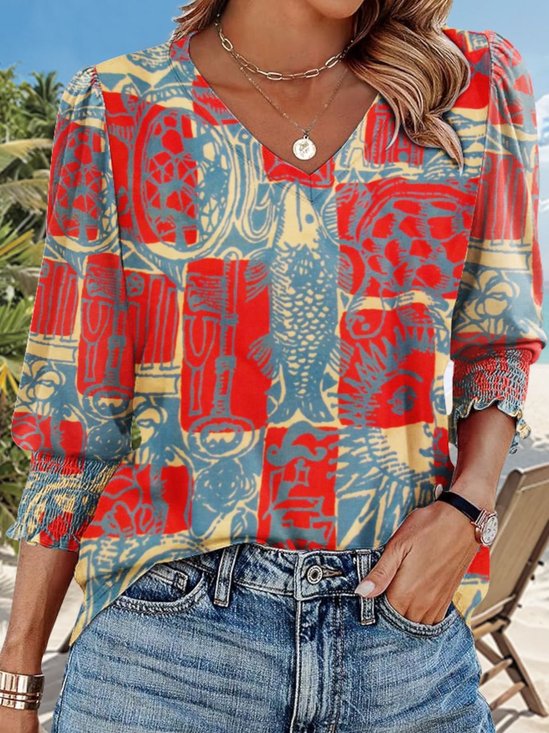 T-shirts Femmes Décontracté Floral Printemps / Automne Col V Micro-élasticité Quotidien Coupe Régulière Manches trois quarts Régulier