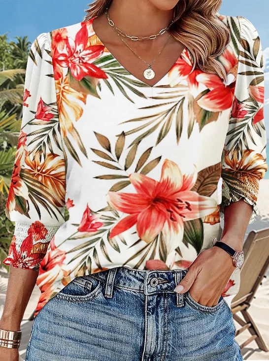 T-shirts Décontracté Floral Printemps / Automne Coton Micro-élasticité Quotidien Manches Longues Trapèze Régulier pour Femmes