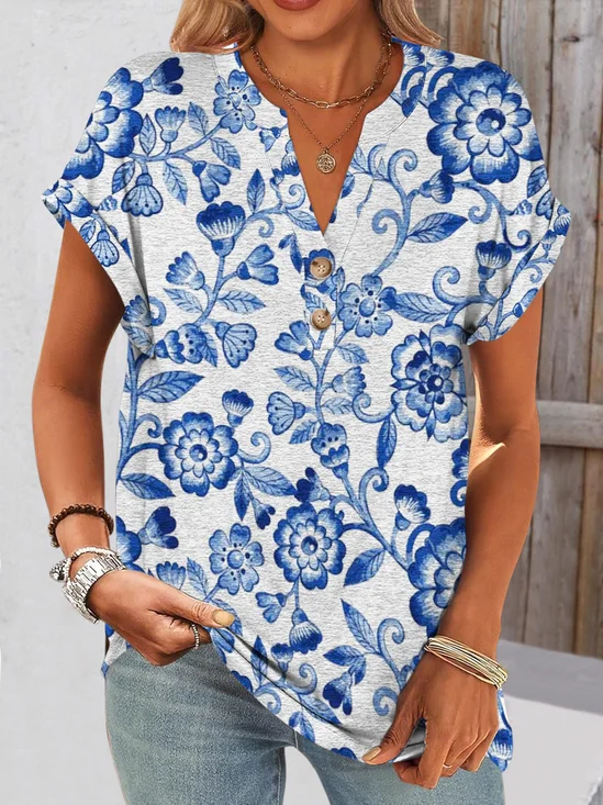 T-shirts Femmes Décontracté Floral Été Coton Col V Coupe Régulière Manches Courtes Trapèze Régulier