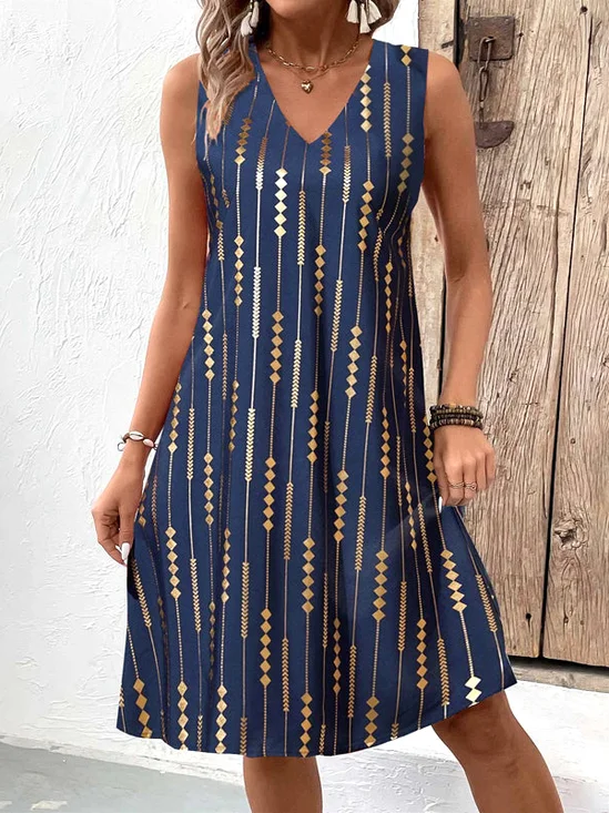 Femmes Géométrique Bleu Marine Col V Confortable Robe Mi-Longue Décontracté