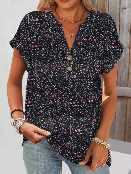 T-shirts Femmes Décontracté Floral Été Coton Col V Quotidien Coupe Régulière Trapèze Régulier