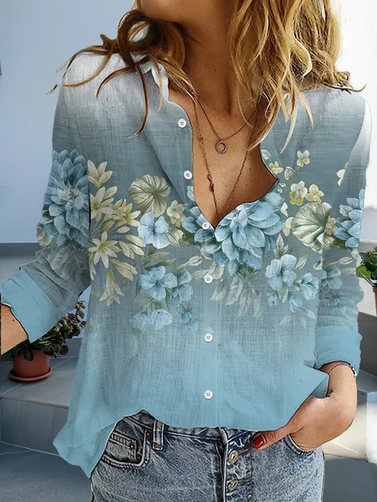 Chemises Femmes Décontracté Floral Printemps / Automne Polyester Manches Longues Droit Boucle Régulier Col de Chemise