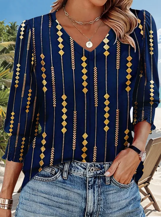 T-shirts Géométrique Décontracté Printemps / Automne Coton Col V Quotidien Coupe Régulière Manches Longues Trapèze pour Femmes