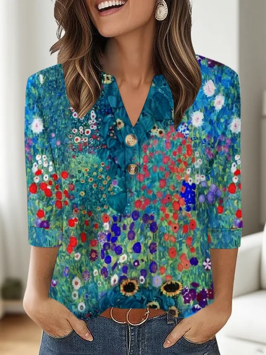 T-shirts Décontracté Floral Printemps / Automne Coton Micro-élasticité Quotidien Coupe Régulière Manches trois quarts Régulier pour Femmes