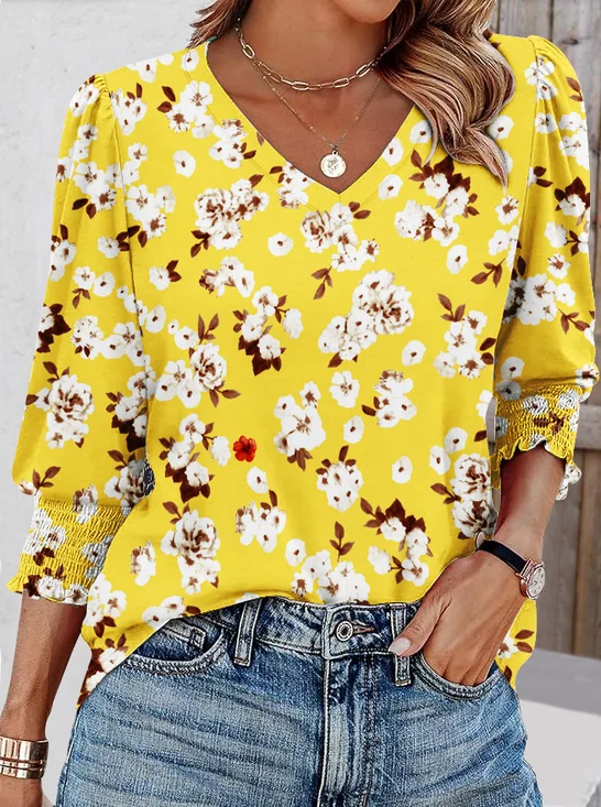 T-shirts Femmes Décontracté Tropical Printemps / Automne Coton Micro-élasticité Coupe Régulière Manches Longues Régulier Régulier