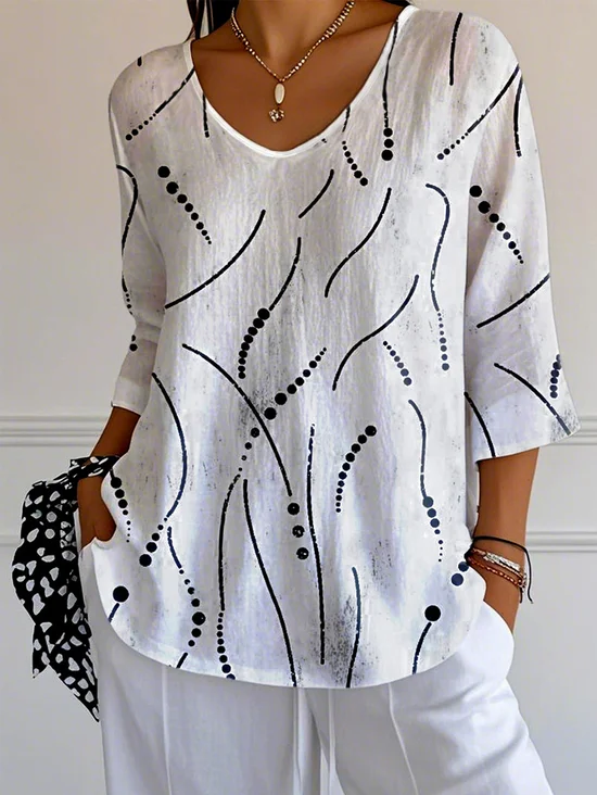 T-shirts Femmes Pois Polka Simple Printemps / Automne Polyester Col V Micro-élasticité Quotidien Manches trois quarts Ligne T