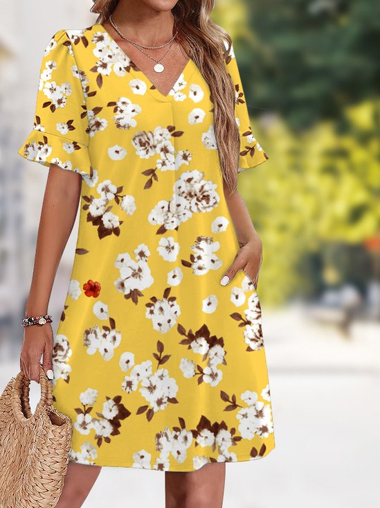 Femmes Floral Comme Image Col V Confortable Robe Mi-Longue Décontracté
