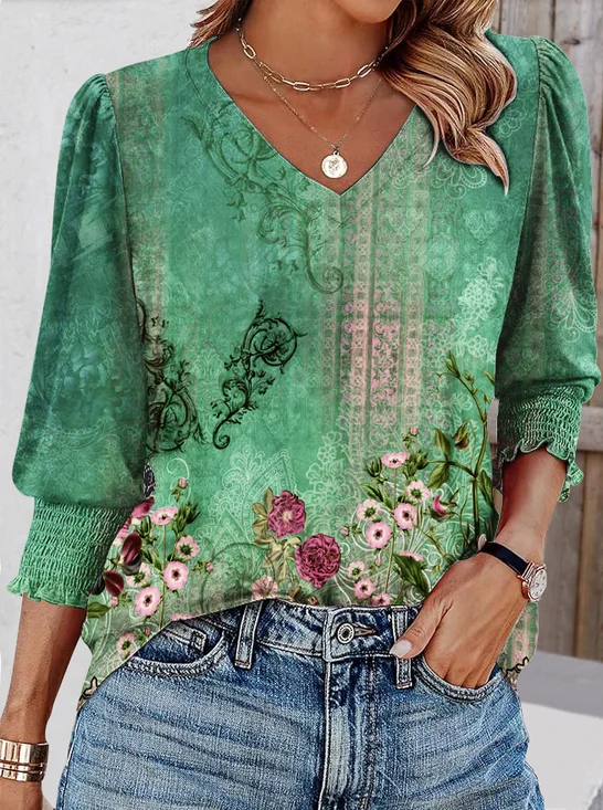T-shirts Décontracté Tropical Printemps / Automne Micro-élasticité Quotidien Manches Longues Régulier Trapèze Régulier pour Femmes