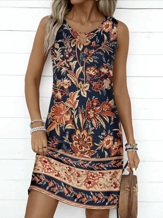 Femmes Floral Noir Col Rond Confortable Robe Mi-Longue Décontracté