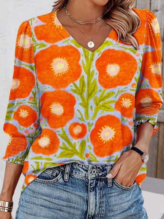 T-shirts Décontracté Floral Printemps / Automne Col V Quotidien Coupe Régulière Régulier Trapèze Régulier pour Femmes