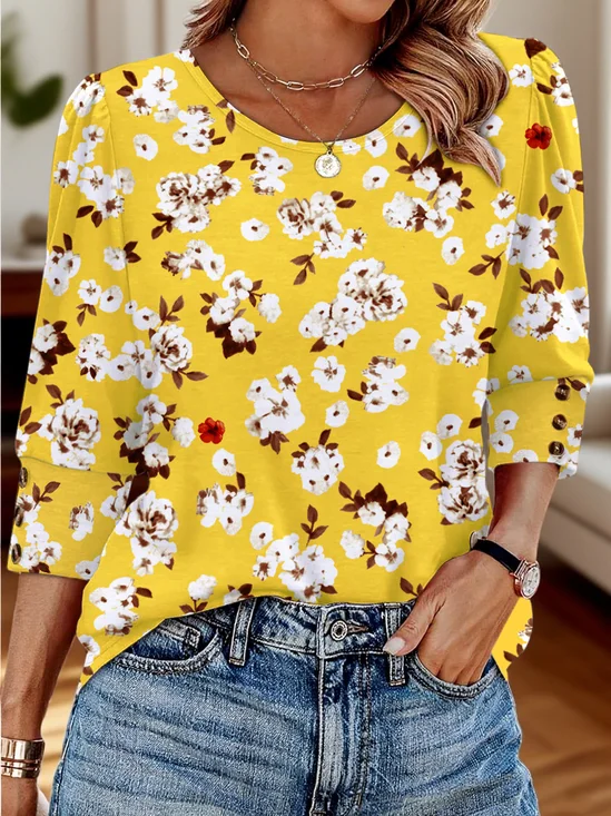 T-shirts Décontracté Floral Printemps / Automne Coton Manches trois quarts Col Rond Régulier Trapèze Régulier pour Femmes