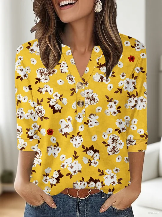 T-shirts Femmes Décontracté Floral Printemps / Automne Coton Micro-élasticité Manches trois quarts Régulier Trapèze Régulier