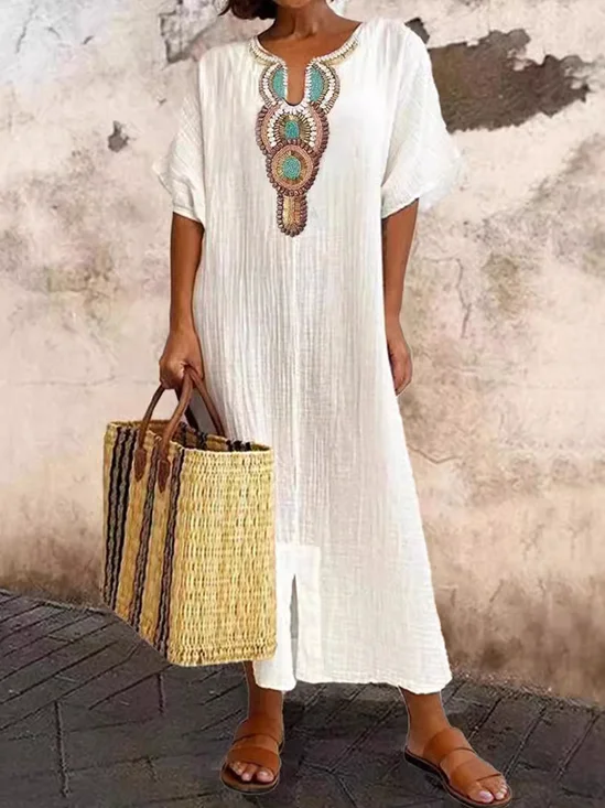 Femmes Nationalité/ethnie Blanc Col en U Confortable Brodé Robe Maxi Vacances