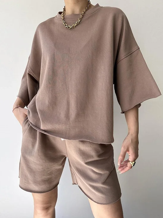 Deux Pièces Ensembles Décontracté Plain Été Micro-élasticité Quotidien Pull-over Col Rond Droit Ensembles courts pour Femmes