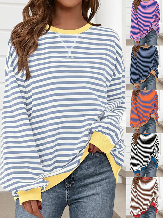 à Capuche Femmes Rayé Décontracté Printemps / Automne Micro-élasticité Coupe Régulière Manches Longues Col Rond Régulier Trapèze