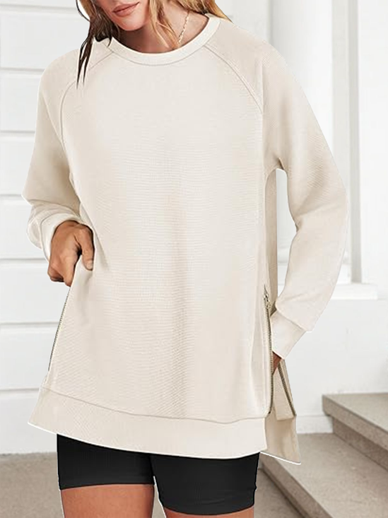 Sweat-shirts Boho Plain Printemps / Automne Polyester Micro-élasticité Coupe Régulière Manches Longues Droit Régulier pour Femmes