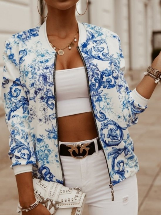 Micro-élasticité Col Montant Manches Longues Régulier Floral Blouson Aviateur Blouson Imprimé pour Femmes