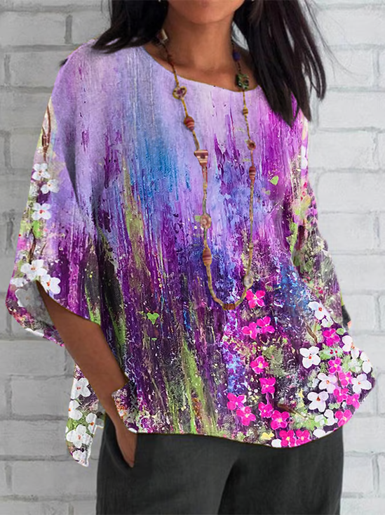 T-shirts Femmes Décontracté Floral Été Polyester Micro-élasticité Ample Demi Manche Col Rond Régulier
