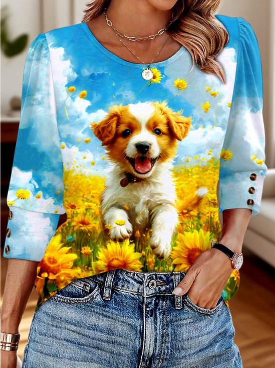 T-shirts Décontracté Tropical Printemps / Automne Coton Col V Micro-élasticité Quotidien Manches Longues Régulier pour Femmes